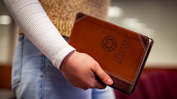 Person holding The Lutheran Study Bible while walking