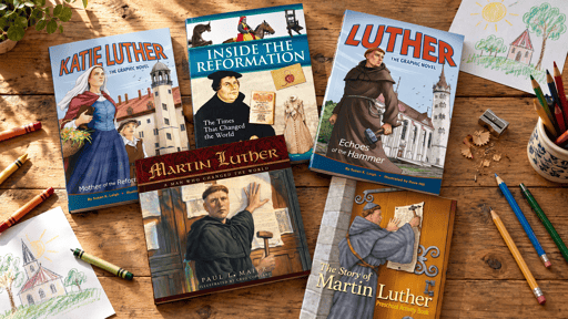 Five Reformation children’s books lying on a table 