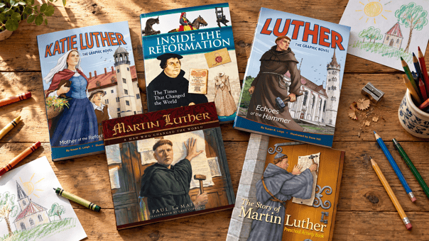 Five Reformation children’s books lying on a table 