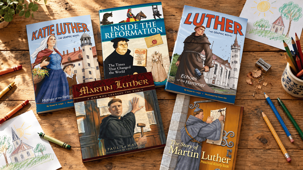Five Reformation children’s books lying on a table 