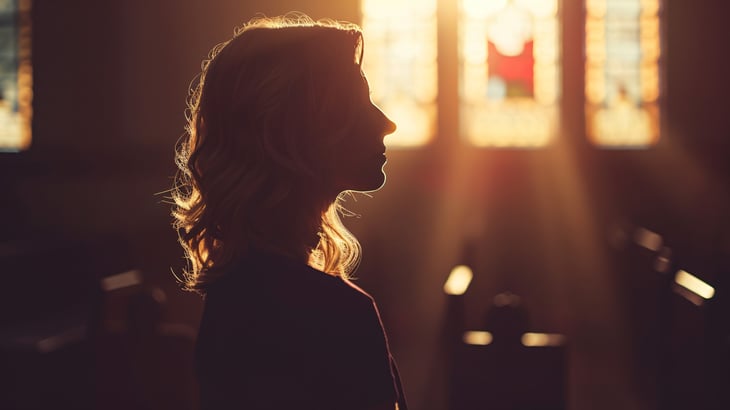 Woman stands in church sanctuary