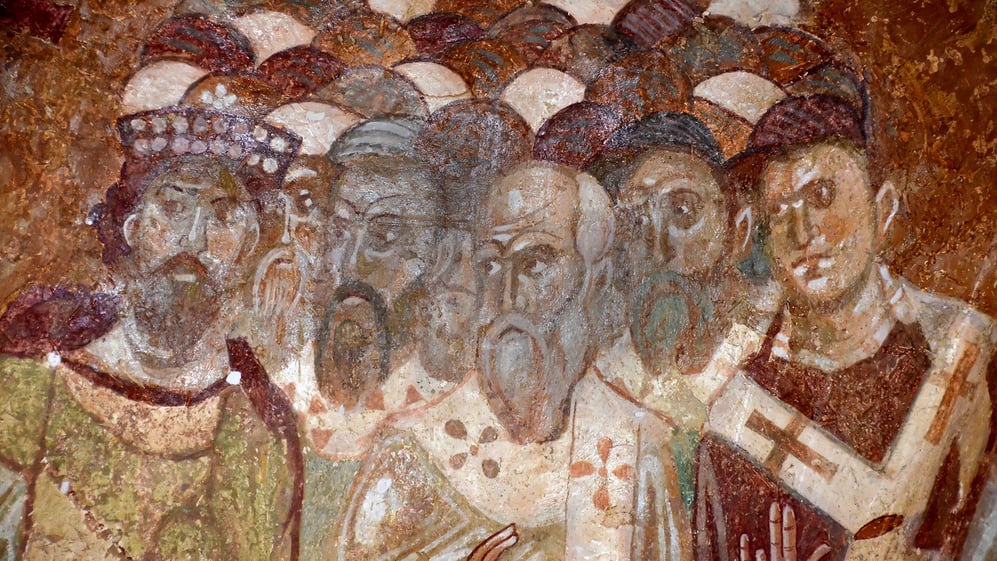 Detail of an ancient byzantine fresco of the council of Nicaea