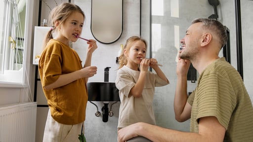 Father instilling good habits in children