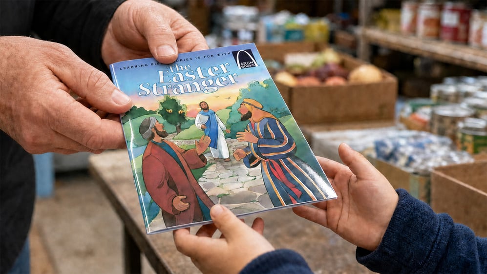 Man handing young child an Arch® Book