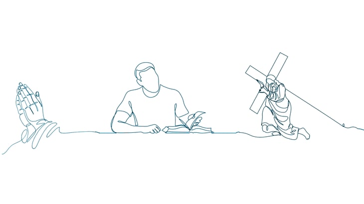 Line art of praying hands, man studying Bible, and Jesus carrying cross