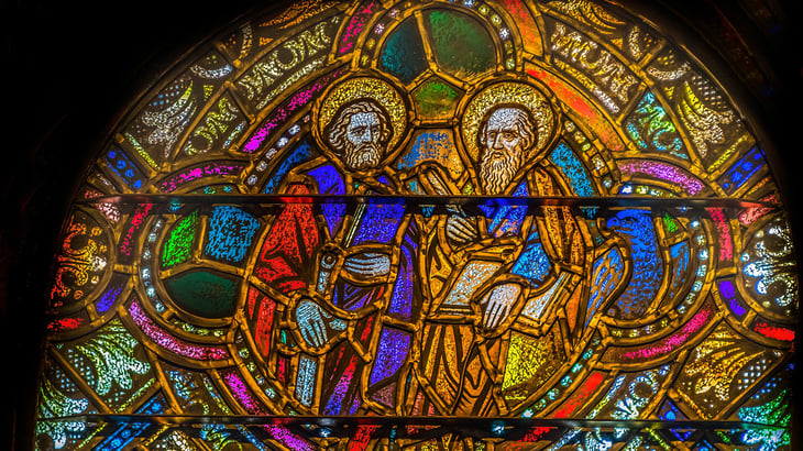 Stained glass window of Saint Augustine and Saint Ambrose