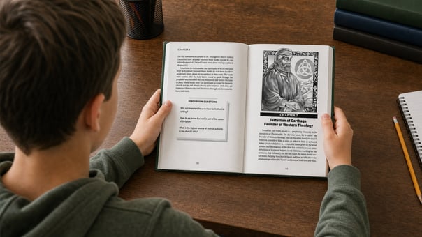 Preteen boy reading Journey Through Church History