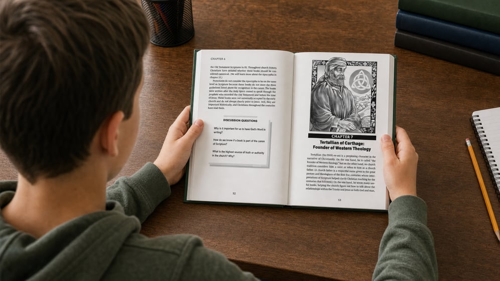 Preteen boy reading Journey Through Church History