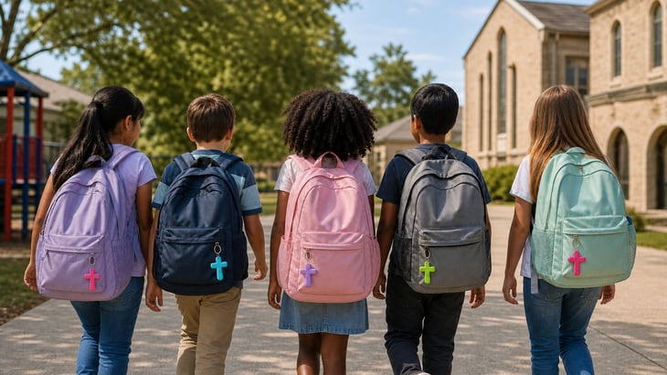 Children at a Christian school with backpacks